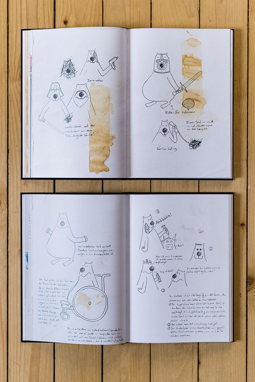Das Bärenbuch offen liegend - Das Bärenbuch, lustige Wortwitze mit Bären im Cartoon und Comicstil von Künstler, Illustrator und Autor Markus Wülbern